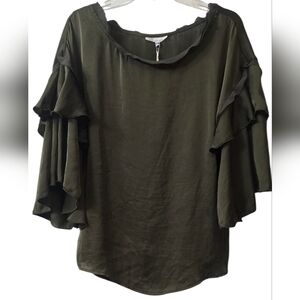 NWT Aunt Wanda Olive Green Ruffle Sleeve Women's Top Size S/M
